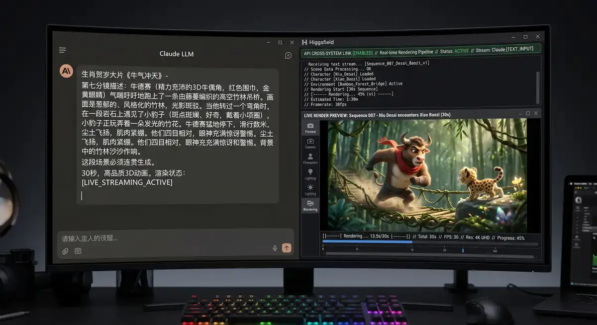 数字导演在多屏工作站前运行Higgsfield一站式创作平台,屏幕显示着《牛气冲天》动画短片中主角“牛德赛”与狼群对决的30秒连续AI生成视频片段 (3)