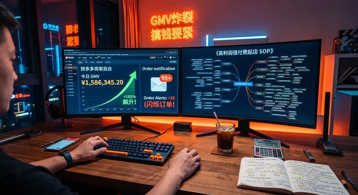 资深电商运营人员在多屏工作站前查看拼多多商家后台的高投产数据报表,桌面上放着详细的强付费起量SOP与爆款活动策划案 (1)