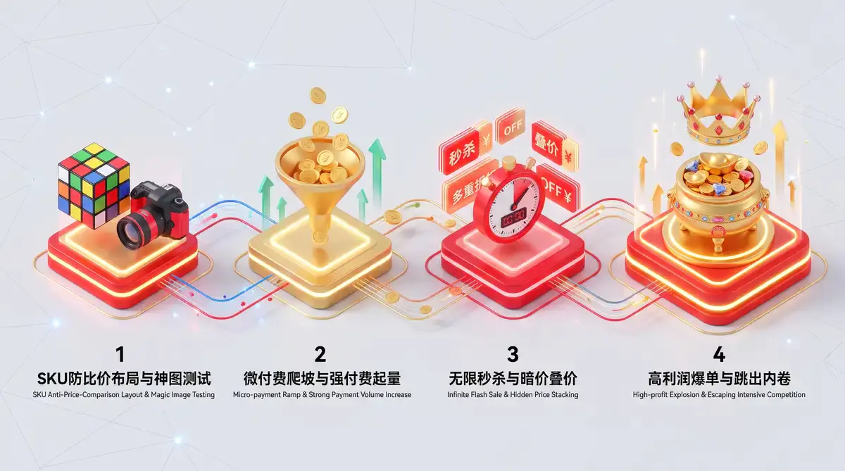 资深电商运营人员在多屏工作站前查看拼多多商家后台的高投产数据报表,桌面上放着详细的强付费起量SOP与爆款活动策划案 (2)