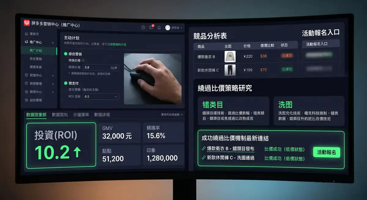 资深电商运营人员在多屏工作站前查看拼多多商家后台的高投产数据报表,桌面上放着详细的强付费起量SOP与爆款活动策划案 (3)