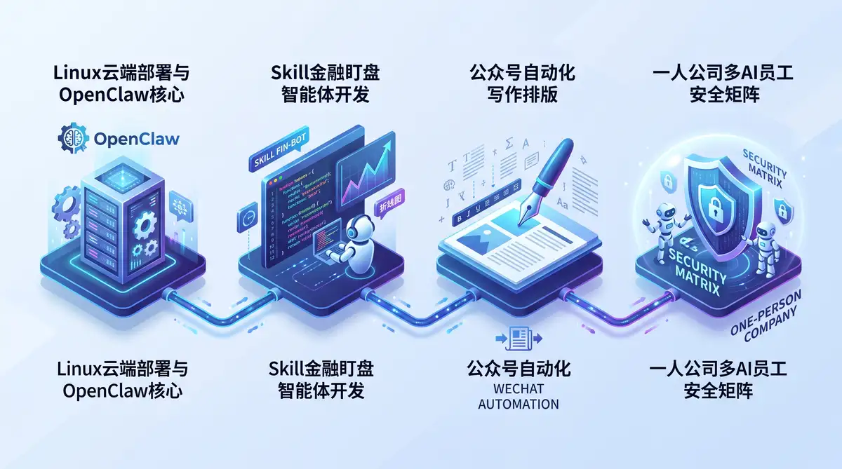 独立创业者在多屏工作站前管理云端OpenClaw智能体矩阵，屏幕显示着金融自动盯盘代码、公众号自动化发布流水线与多AI员工运行状态 (2)