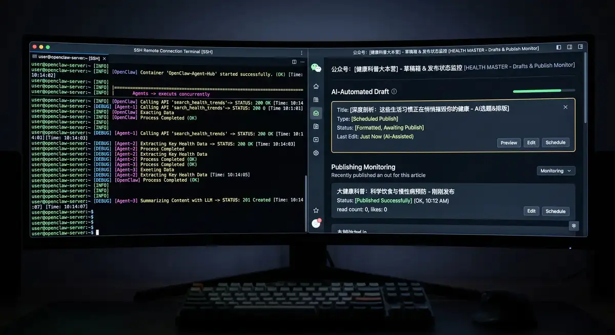 独立创业者在多屏工作站前管理云端OpenClaw智能体矩阵,屏幕显示着金融自动盯盘代码、公众号自动化发布流水线与多AI员工运行状态 (3)