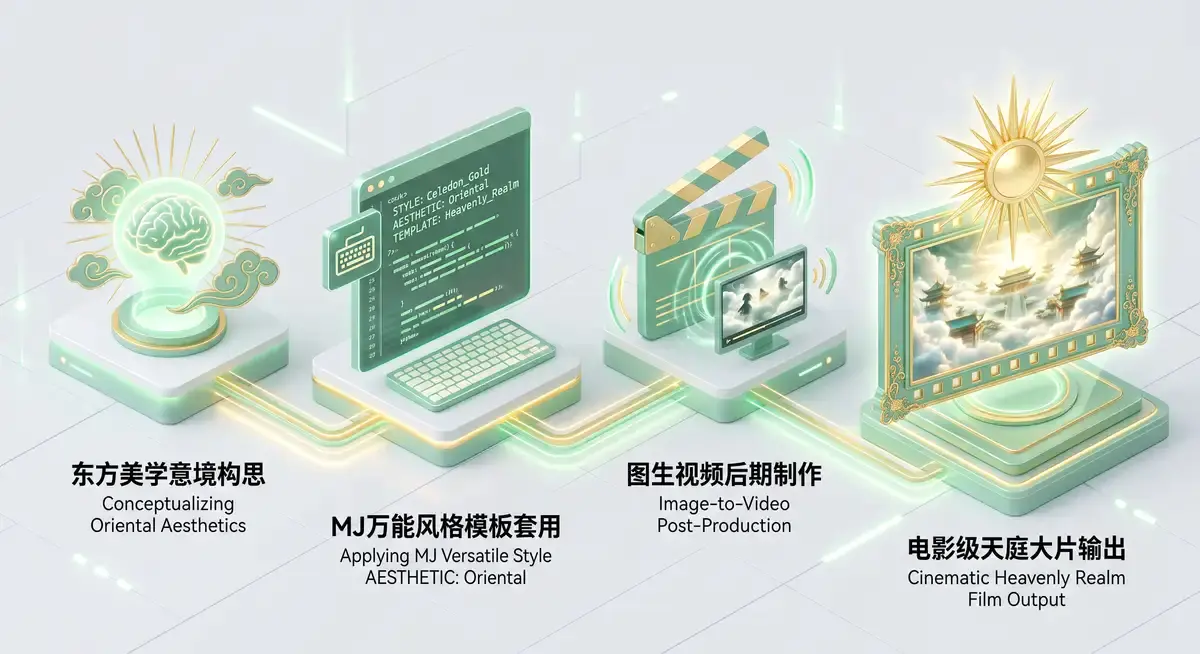创作者在电脑前使用Midjourney输入极具东方美学意境的提示词,屏幕上正在渲染一幅极其宏伟的电影级天庭天宫3D场景图 (2)