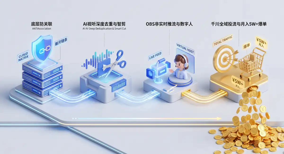 极客操盘手在多屏工作站前运行无人直播系统,左侧屏幕显示着复杂的OBS推流设置与AI数字人画面,右侧屏幕展示着不断飙升的抖快带货销售额 (2)