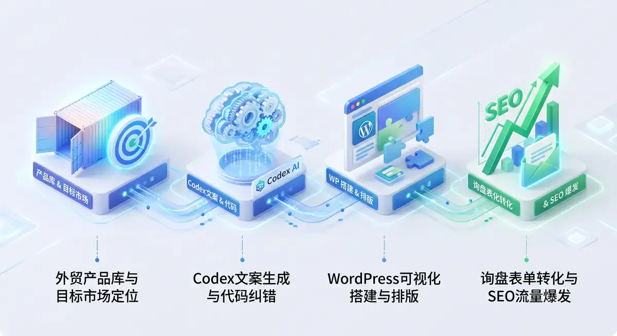 外贸SOHO在双屏工作站前利用Codex智能体与WordPress搭建跨境独立站,屏幕显示着高转化询盘表单与AI生成的全英文产品详情页 (2)