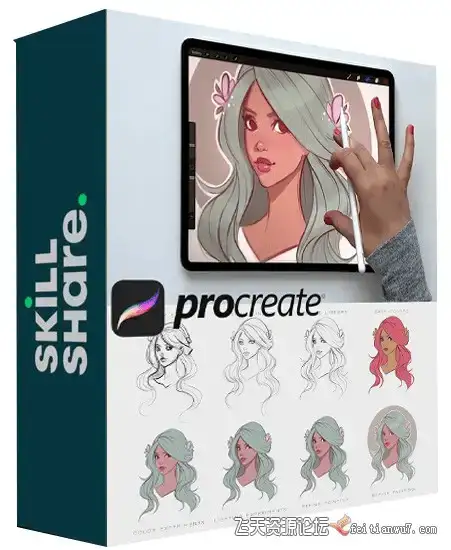 插画师在iPad Pro屏幕上使用Apple Pencil和Procreate软件，正在为一位色彩和谐、光影极具氛围感的卡通女性角色进行精细上色4