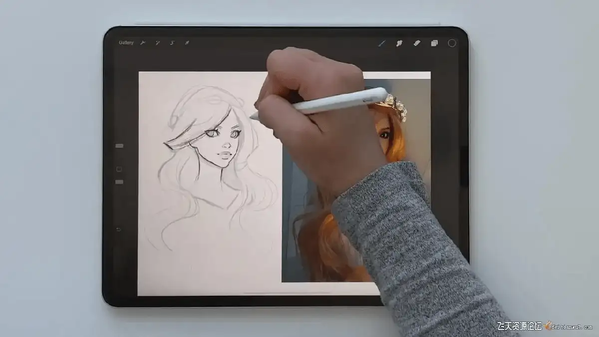插画师在iPad Pro屏幕上使用Apple Pencil和Procreate软件，正在为一位色彩和谐、光影极具氛围感的卡通女性角色进行精细上色5