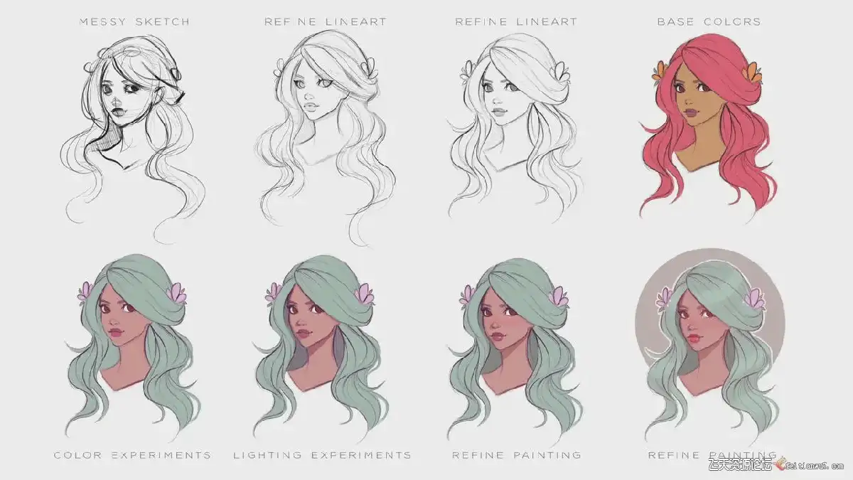 插画师在iPad Pro屏幕上使用Apple Pencil和Procreate软件，正在为一位色彩和谐、光影极具氛围感的卡通女性角色进行精细上色8