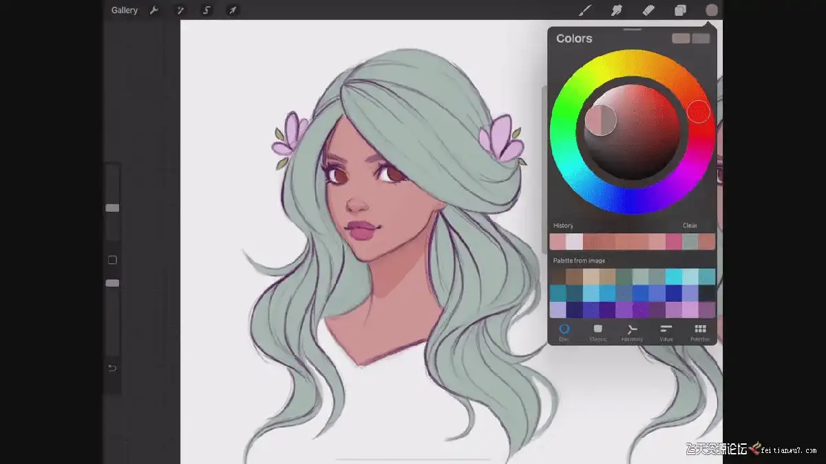 插画师在iPad Pro屏幕上使用Apple Pencil和Procreate软件，正在为一位色彩和谐、光影极具氛围感的卡通女性角色进行精细上色9