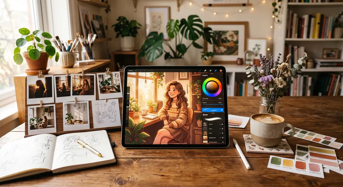插画师在iPad Pro屏幕上使用Apple Pencil和Procreate软件，正在为一位色彩和谐、光影极具氛围感的卡通女性角色进行精细上色 (1)