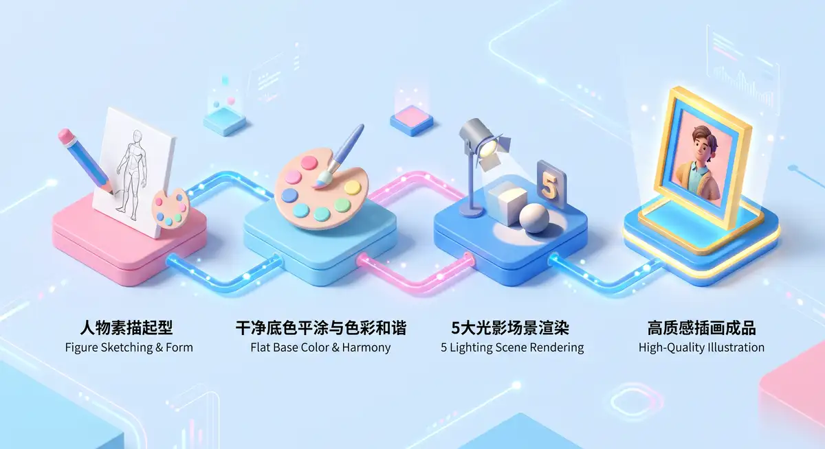 插画师在iPad Pro屏幕上使用Apple Pencil和Procreate软件，正在为一位色彩和谐、光影极具氛围感的卡通女性角色进行精细上色 (2)