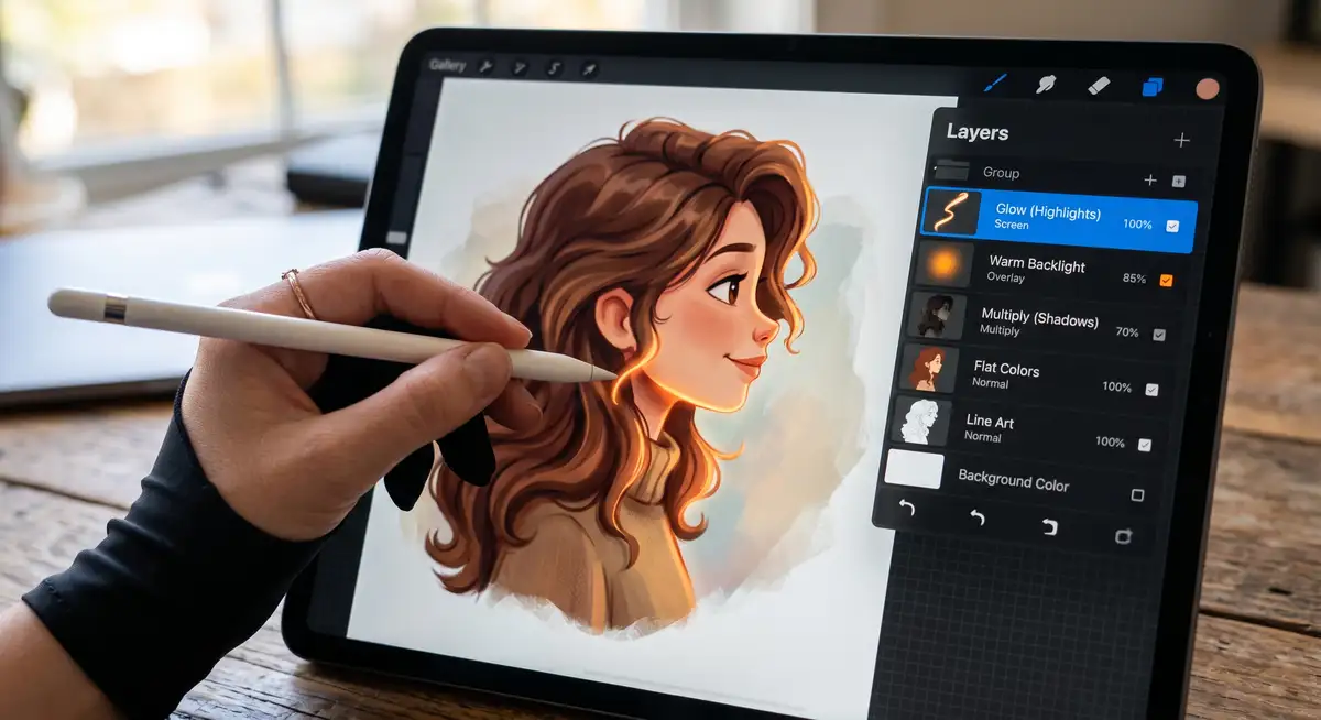插画师在iPad Pro屏幕上使用Apple Pencil和Procreate软件，正在为一位色彩和谐、光影极具氛围感的卡通女性角色进行精细上色 (2)
