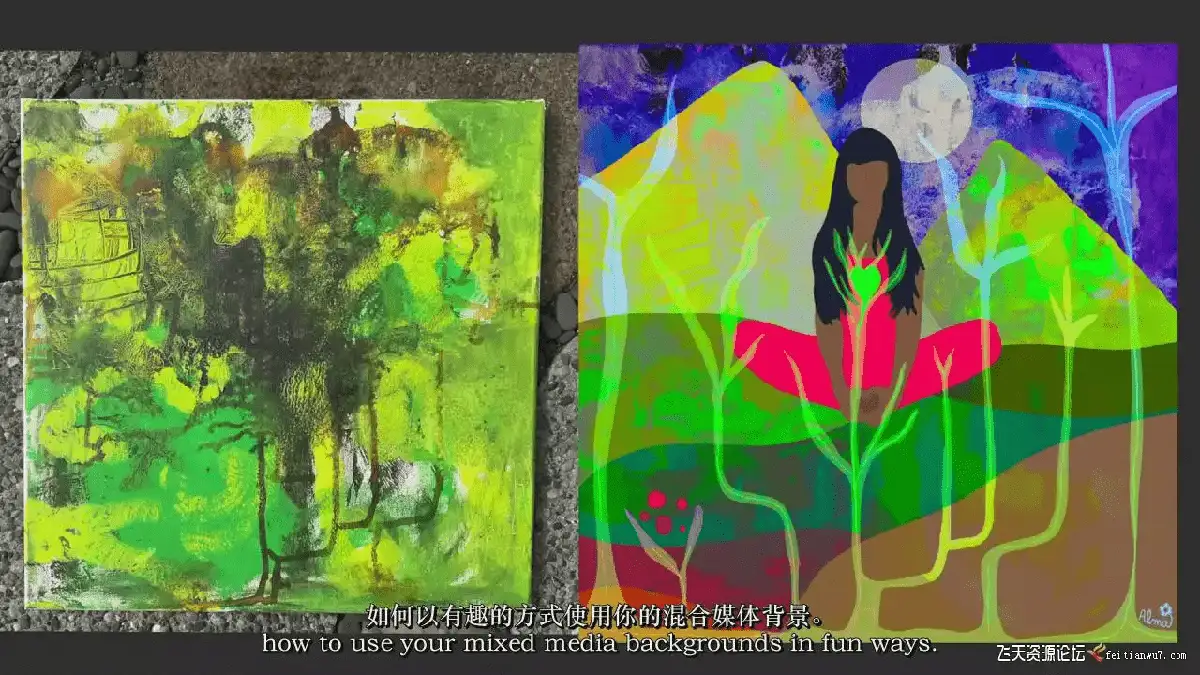 插画师在iPad Pro屏幕上使用Procreate软件，正将真实纸张纹理与数字水彩笔触进行混合媒体背景创作7