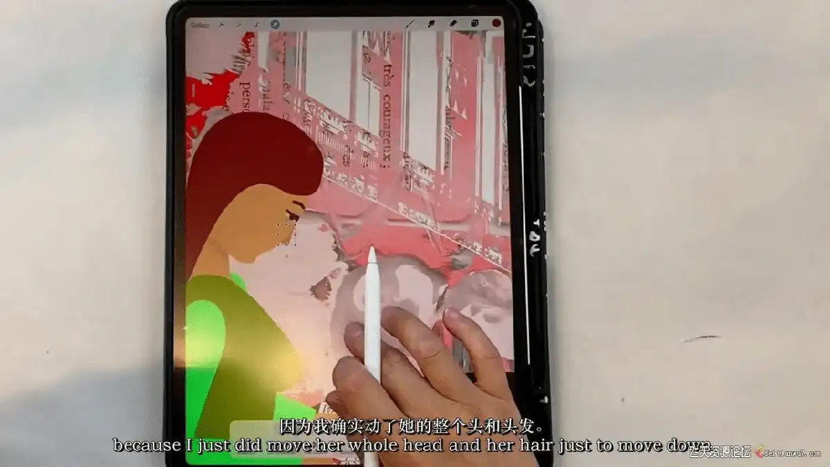插画师在iPad Pro屏幕上使用Procreate软件，正将真实纸张纹理与数字水彩笔触进行混合媒体背景创作10