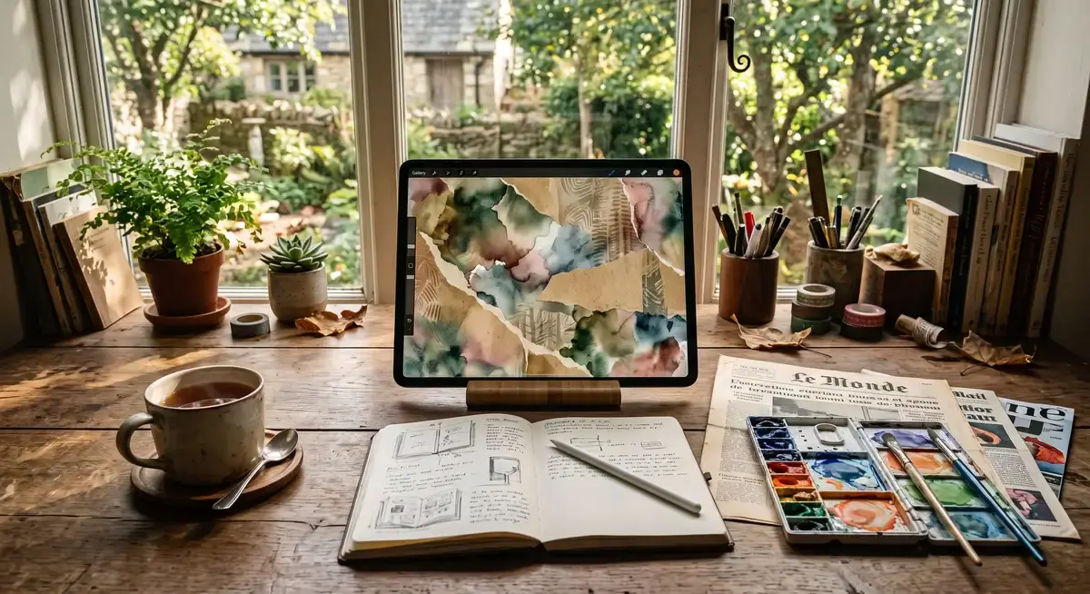 插画师在iPad Pro屏幕上使用Procreate软件,正将真实纸张纹理与数字水彩笔触进行混合媒体背景创作1