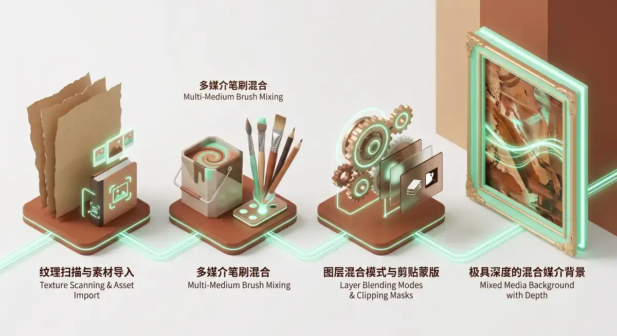 插画师在iPad Pro屏幕上使用Procreate软件,正将真实纸张纹理与数字水彩笔触进行混合媒体背景创作2