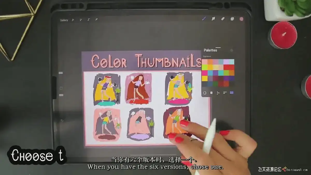 自由画师在iPad Pro屏幕上使用Procreate软件，正通过多种笔刷和色彩实验，探索并绘制具有极强个人风格的数字插画7
