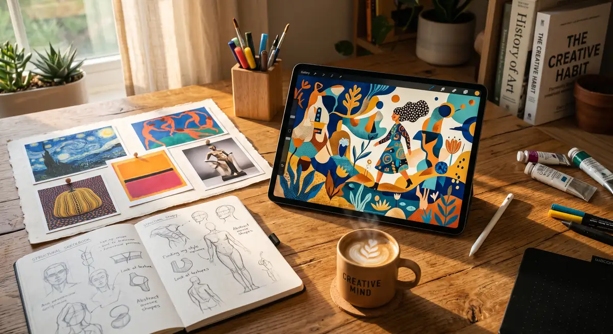 自由画师在iPad Pro屏幕上使用Procreate软件，正通过多种笔刷和色彩实验，探索并绘制具有极强个人风格的数字插画 (1)
