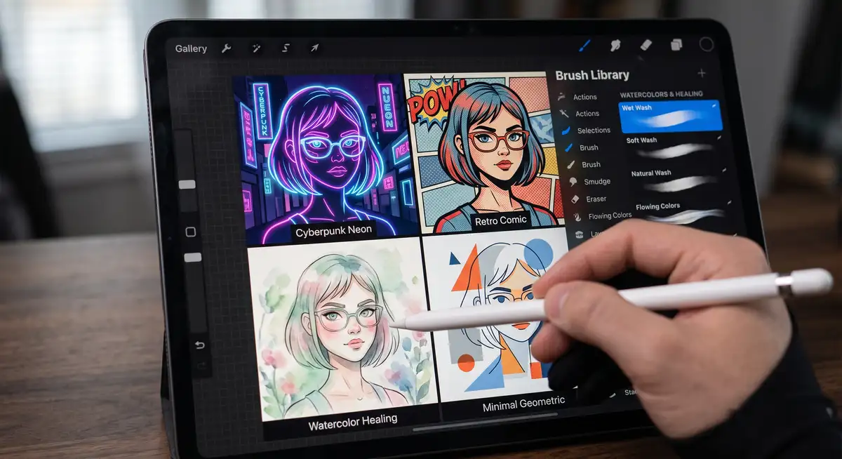 自由画师在iPad Pro屏幕上使用Procreate软件，正通过多种笔刷和色彩实验，探索并绘制具有极强个人风格的数字插画 (3)
