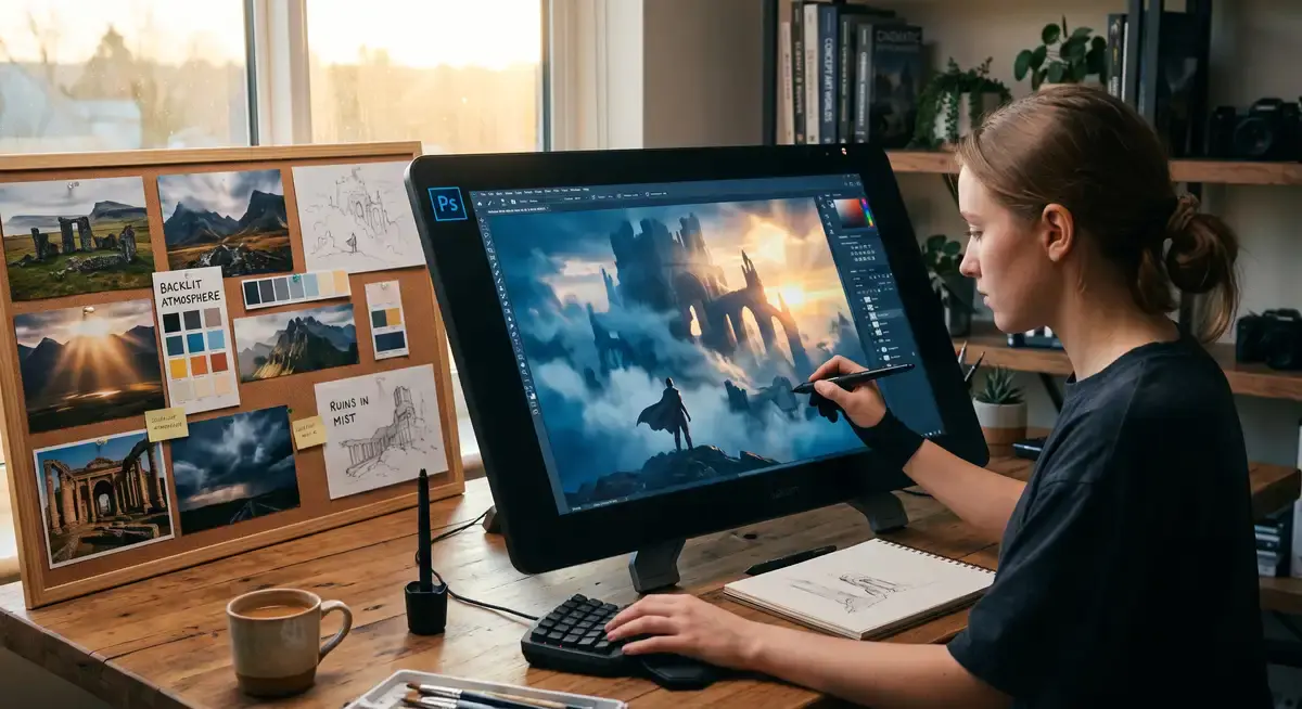 插画师在宽大的Wacom Cintiq数位屏上使用Photoshop,正在绘制一幅极具电影光影质感与宏大构图的动画概念场景背景图1