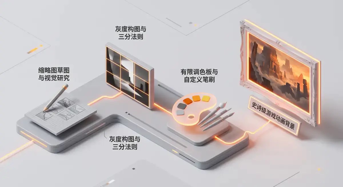 插画师在宽大的Wacom Cintiq数位屏上使用Photoshop,正在绘制一幅极具电影光影质感与宏大构图的动画概念场景背景图2