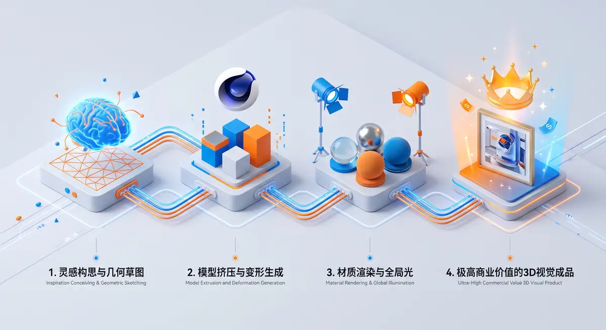 3D设计师在宽大的显示器前运行Cinema 4D软件，屏幕上正渲染着极具创意与光影质感的抽象3D几何构图2