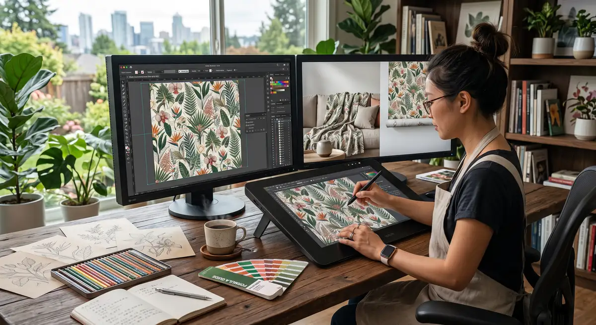 印花插画设计师在宽大的数位屏前运行Adobe Illustrator软件，正利用“图案选项”功能，将一幅精美的手绘植物花卉转化为色彩高级的无缝拼接矢量印花1