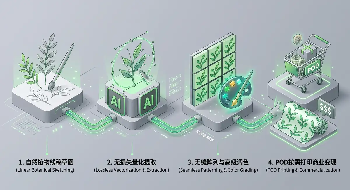 印花插画设计师在宽大的数位屏前运行Adobe Illustrator软件，正利用“图案选项”功能，将一幅精美的手绘植物花卉转化为色彩高级的无缝拼接矢量印花2
