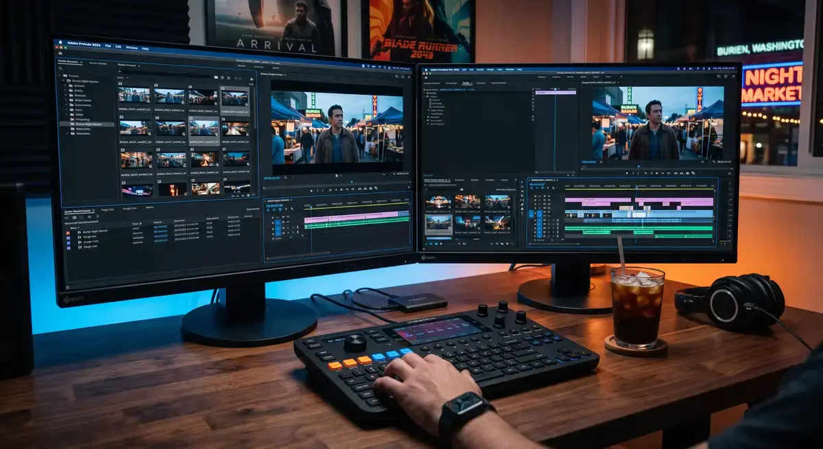 剪辑师在双屏工作站前运行Adobe Prelude与Premiere Pro,正将整理好的粗剪视频素材通过无缝协同工作流转移至PR时间线1