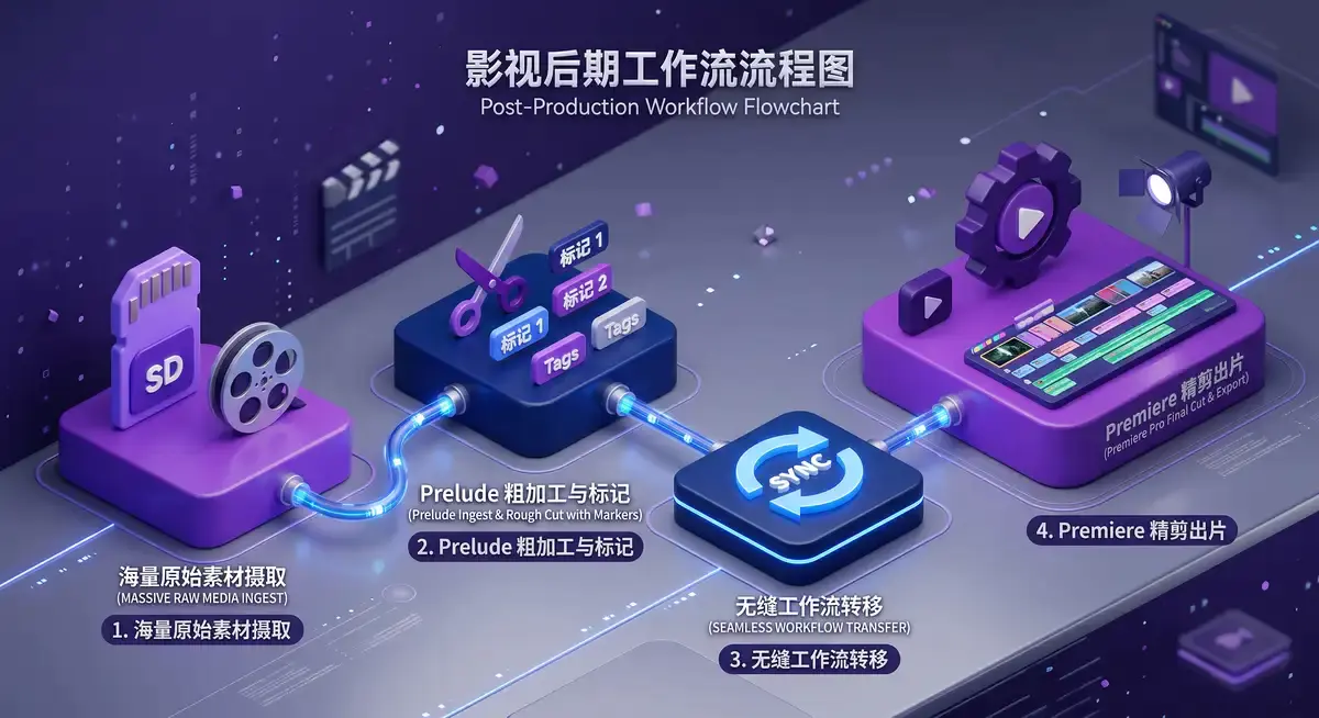 剪辑师在双屏工作站前运行Adobe Prelude与Premiere Pro,正将整理好的粗剪视频素材通过无缝协同工作流转移至PR时间线2