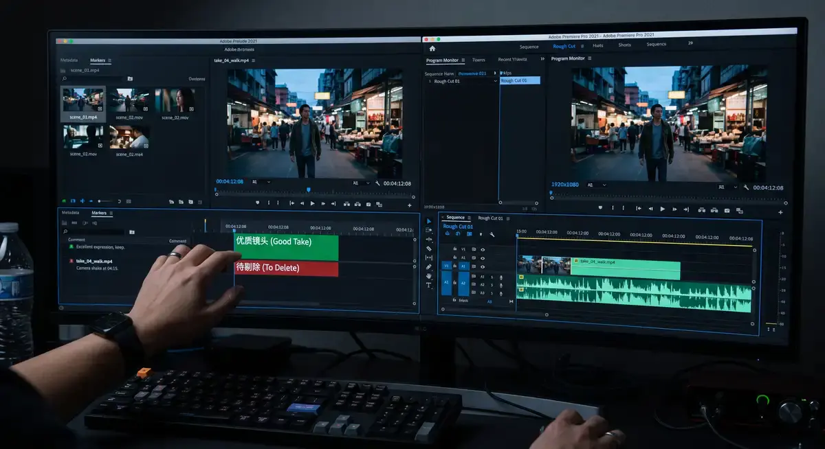 剪辑师在双屏工作站前运行Adobe Prelude与Premiere Pro,正将整理好的粗剪视频素材通过无缝协同工作流转移至PR时间线3