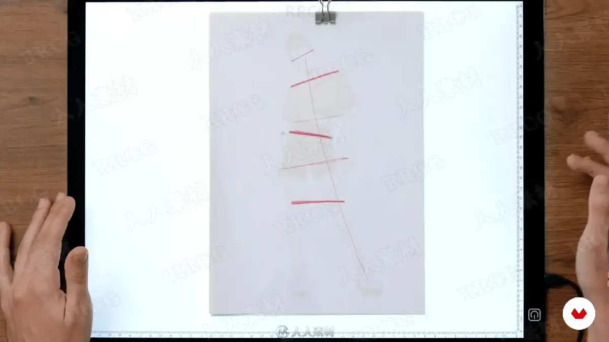 数字插画师在宽大的数位屏前运行Photoshop软件，正使用极其流畅且大胆的单色线条，为一位极具夸张动感的街头风格原创人物勾勒线稿5