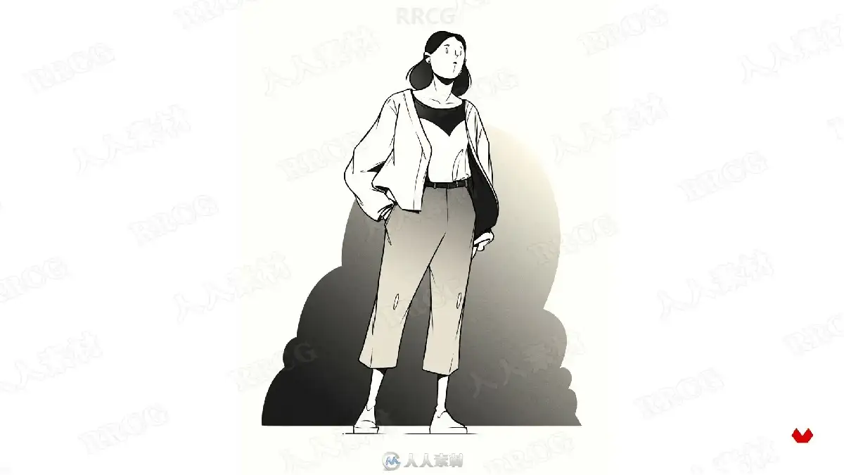 数字插画师在宽大的数位屏前运行Photoshop软件，正使用极其流畅且大胆的单色线条，为一位极具夸张动感的街头风格原创人物勾勒线稿7