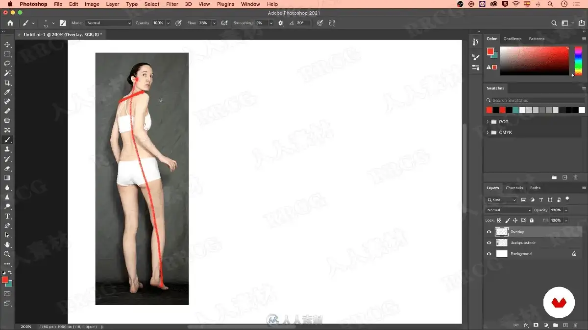 数字插画师在宽大的数位屏前运行Photoshop软件，正使用极其流畅且大胆的单色线条，为一位极具夸张动感的街头风格原创人物勾勒线稿11
