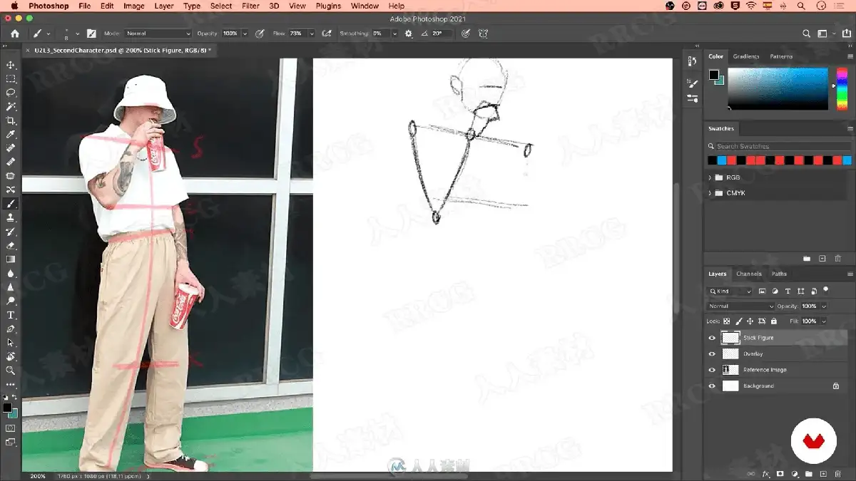 数字插画师在宽大的数位屏前运行Photoshop软件，正使用极其流畅且大胆的单色线条，为一位极具夸张动感的街头风格原创人物勾勒线稿15