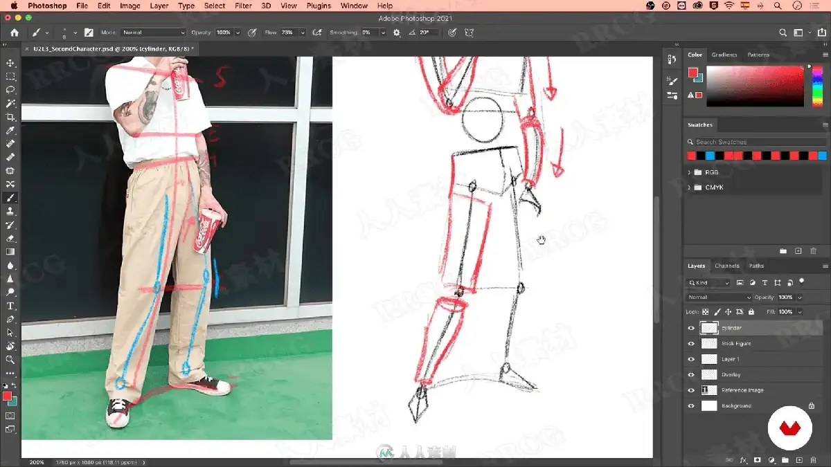 数字插画师在宽大的数位屏前运行Photoshop软件，正使用极其流畅且大胆的单色线条，为一位极具夸张动感的街头风格原创人物勾勒线稿16