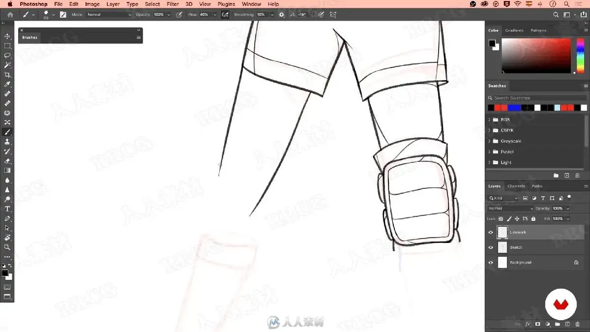 数字插画师在宽大的数位屏前运行Photoshop软件，正使用极其流畅且大胆的单色线条，为一位极具夸张动感的街头风格原创人物勾勒线稿18