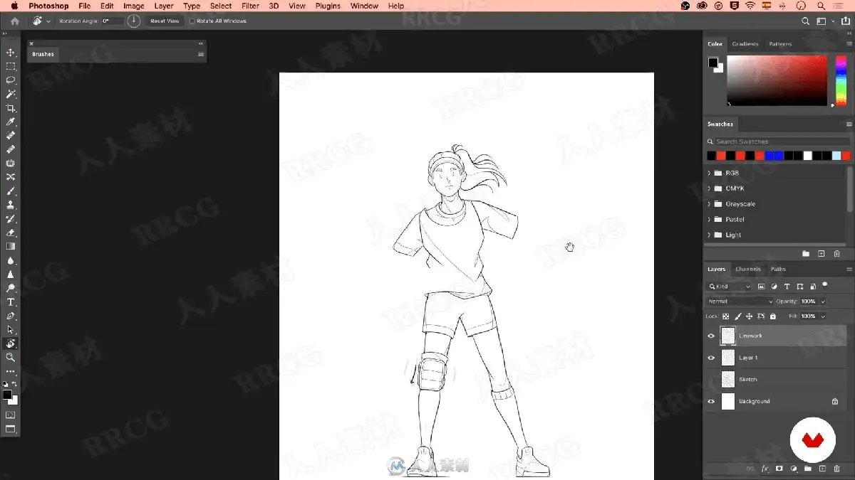 数字插画师在宽大的数位屏前运行Photoshop软件，正使用极其流畅且大胆的单色线条，为一位极具夸张动感的街头风格原创人物勾勒线稿19