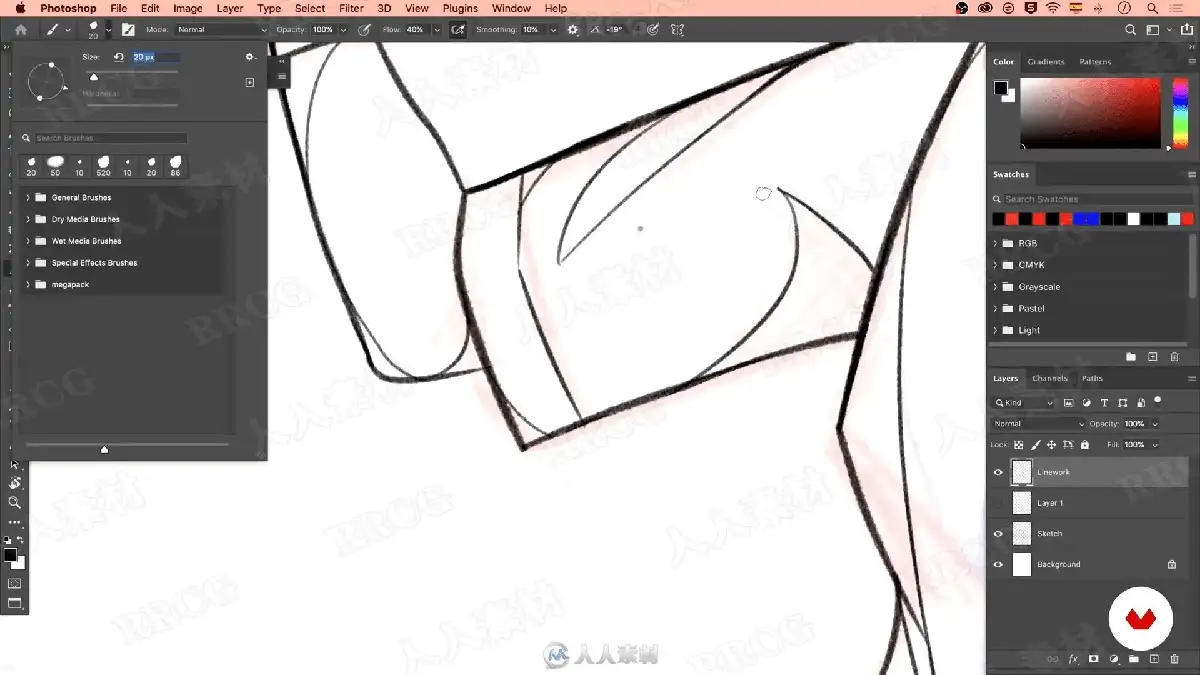 数字插画师在宽大的数位屏前运行Photoshop软件，正使用极其流畅且大胆的单色线条，为一位极具夸张动感的街头风格原创人物勾勒线稿20