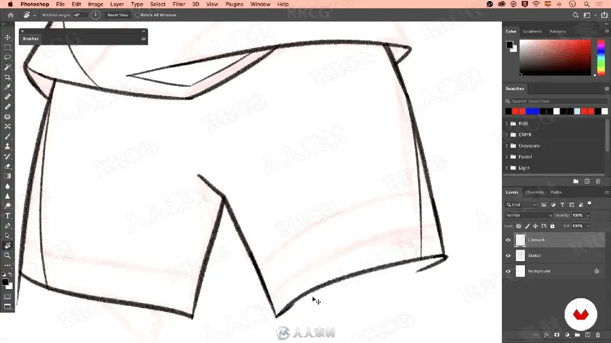 数字插画师在宽大的数位屏前运行Photoshop软件，正使用极其流畅且大胆的单色线条，为一位极具夸张动感的街头风格原创人物勾勒线稿21