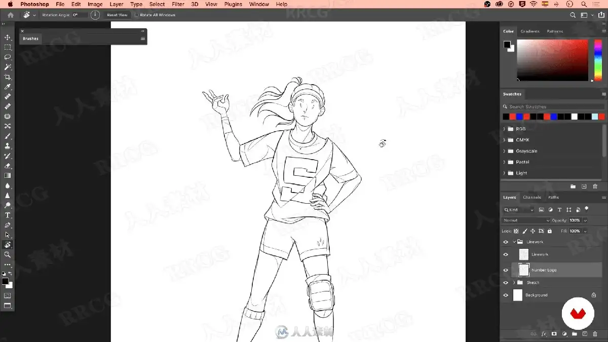 数字插画师在宽大的数位屏前运行Photoshop软件，正使用极其流畅且大胆的单色线条，为一位极具夸张动感的街头风格原创人物勾勒线稿22