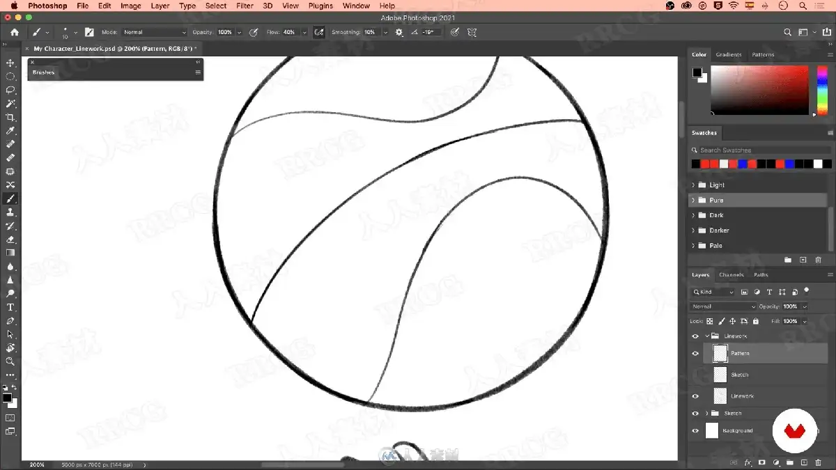 数字插画师在宽大的数位屏前运行Photoshop软件，正使用极其流畅且大胆的单色线条，为一位极具夸张动感的街头风格原创人物勾勒线稿23