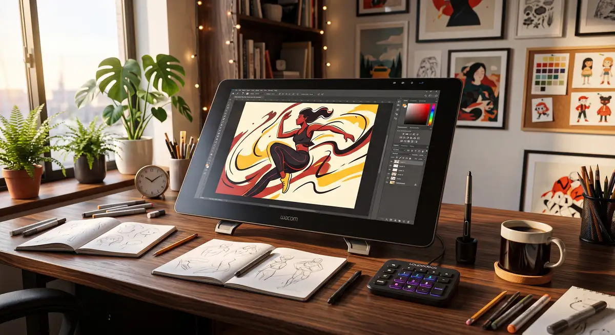 数字插画师在宽大的数位屏前运行Photoshop软件，正使用极其流畅且大胆的单色线条，为一位极具夸张动感的街头风格原创人物勾勒线稿 (1)