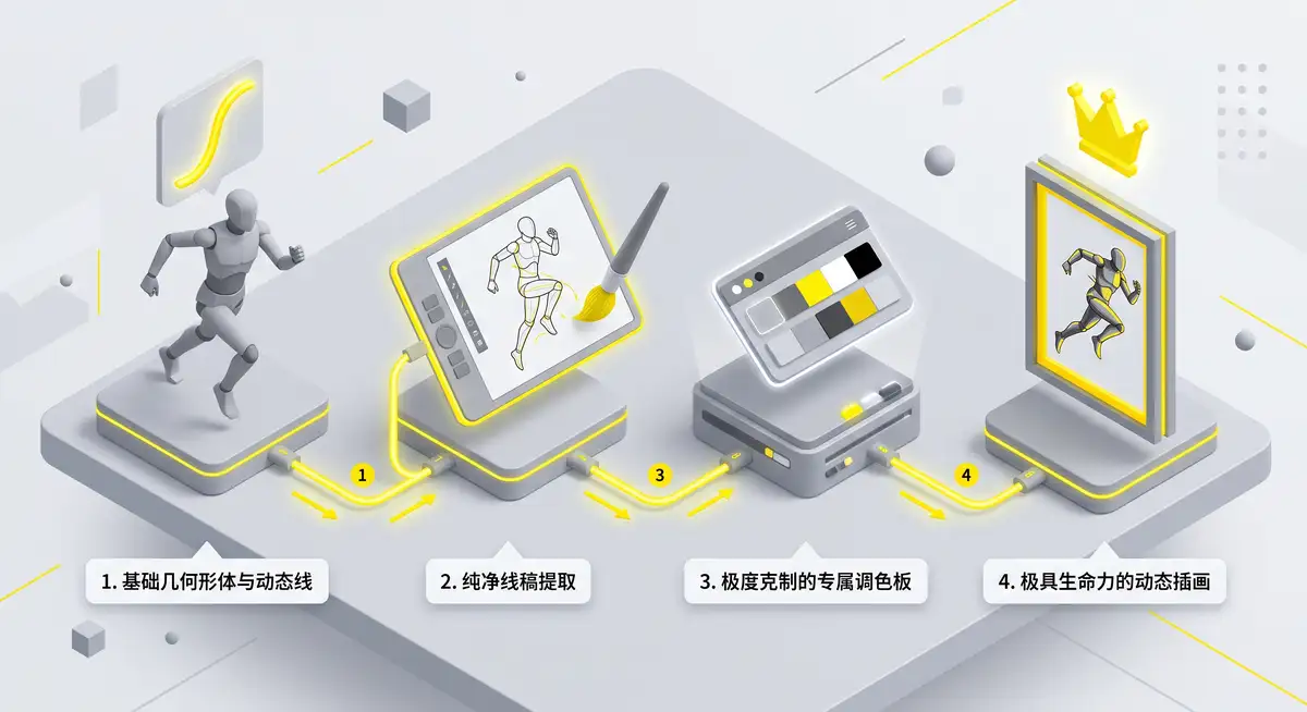 数字插画师在宽大的数位屏前运行Photoshop软件，正使用极其流畅且大胆的单色线条，为一位极具夸张动感的街头风格原创人物勾勒线稿 (2)