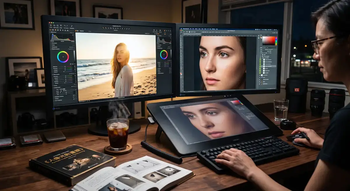 资深商业修图师在多屏工作站前运行Capture One与Photoshop,正利用数位板对一张海滩逆光人像RAW照片进行肤色校正与精细的光影重塑 (1)