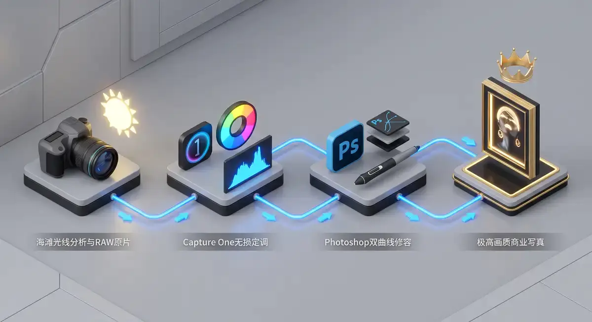 资深商业修图师在多屏工作站前运行Capture One与Photoshop,正利用数位板对一张海滩逆光人像RAW照片进行肤色校正与精细的光影重塑 (2)