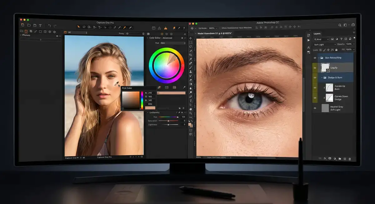 资深商业修图师在多屏工作站前运行Capture One与Photoshop,正利用数位板对一张海滩逆光人像RAW照片进行肤色校正与精细的光影重塑 (3)