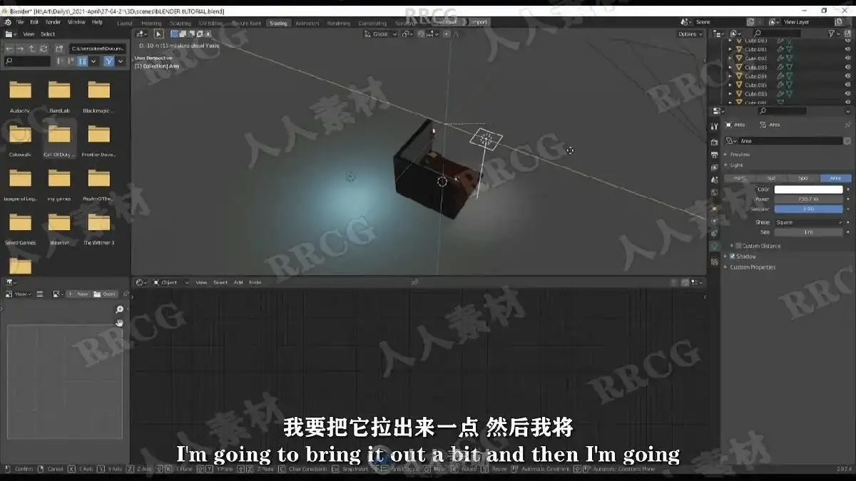 3D数字艺术家在宽大的显示器前运行Blender软件，屏幕上正实时渲染着一个极具精美质感与温馨光影的等距视角小型游戏微场景11