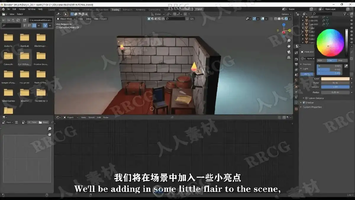 3D数字艺术家在宽大的显示器前运行Blender软件，屏幕上正实时渲染着一个极具精美质感与温馨光影的等距视角小型游戏微场景13