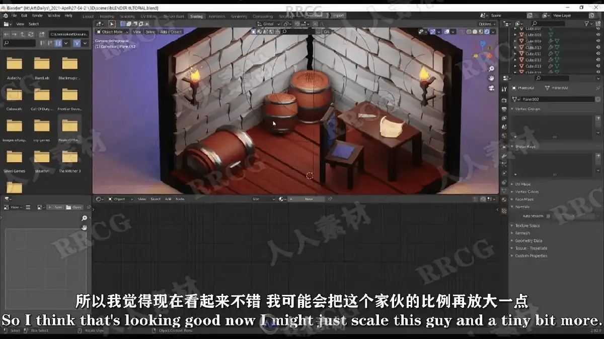 3D数字艺术家在宽大的显示器前运行Blender软件，屏幕上正实时渲染着一个极具精美质感与温馨光影的等距视角小型游戏微场景15